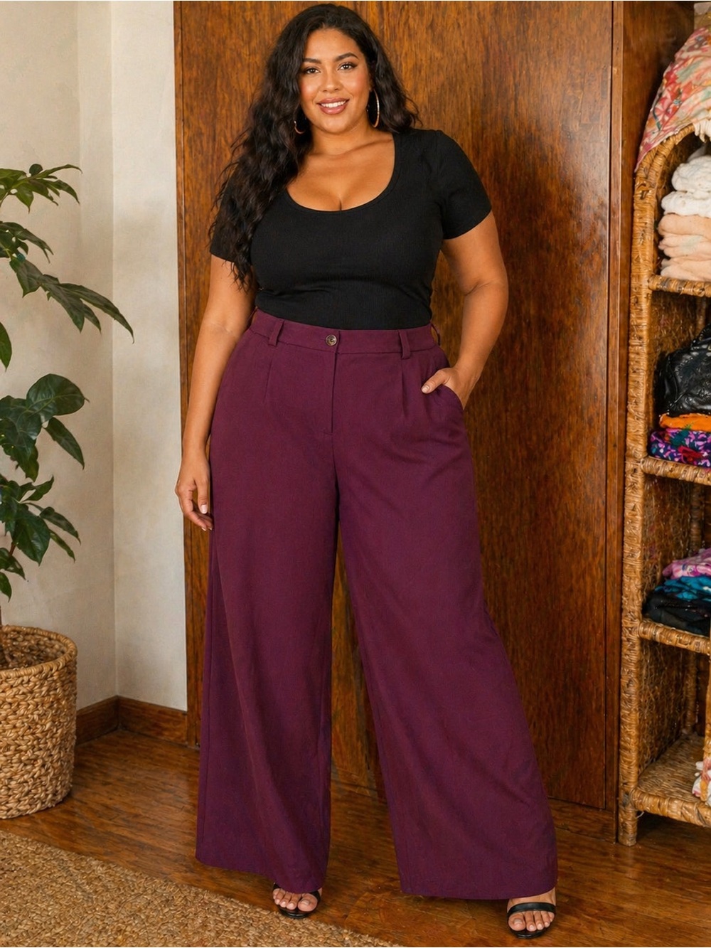 BNWT Penn Plus Size Wide Leg Pants in Deep Purple Comfortable High-Rise Trousers